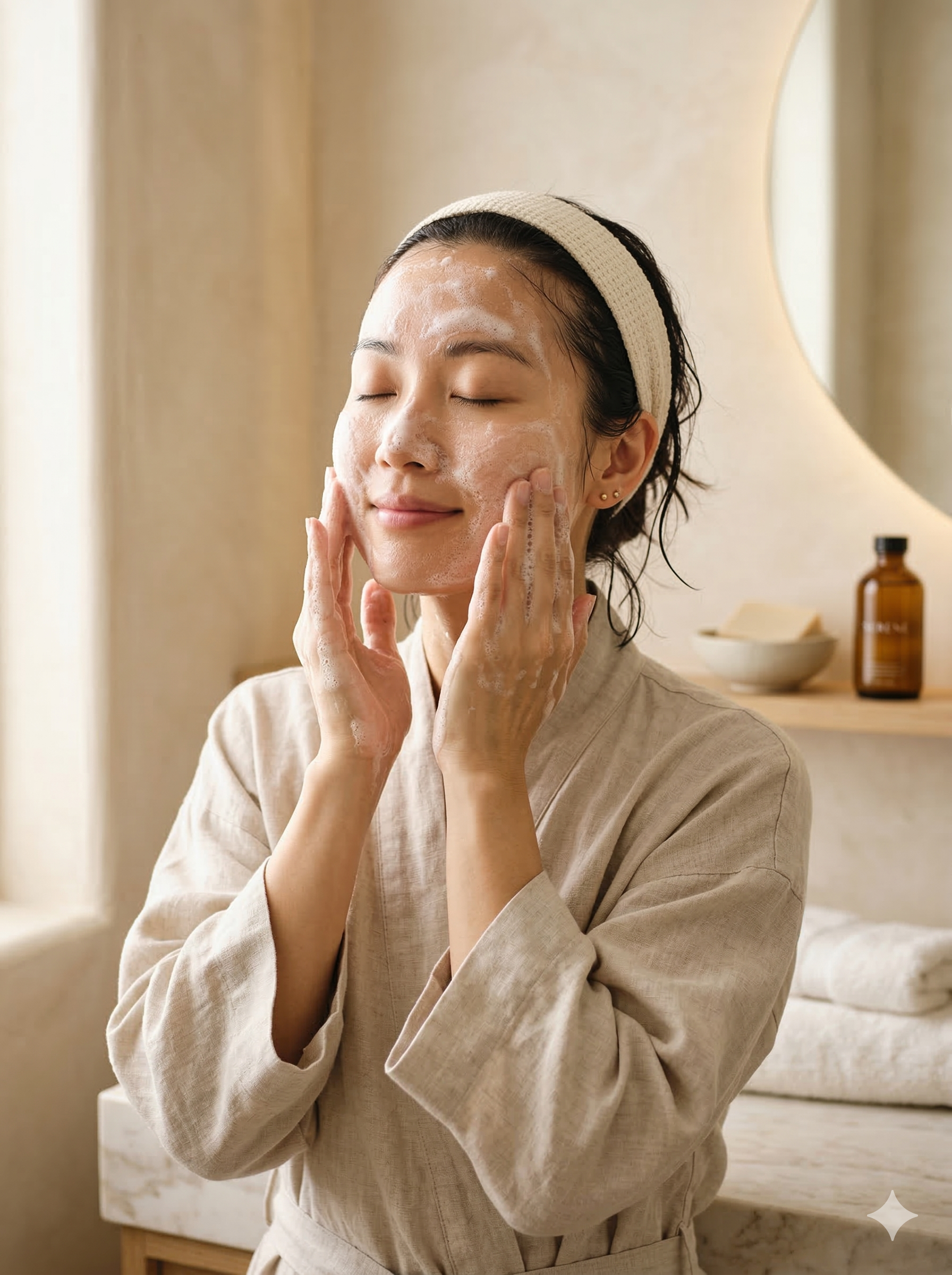 Woman cleansing face with foamy cleanser